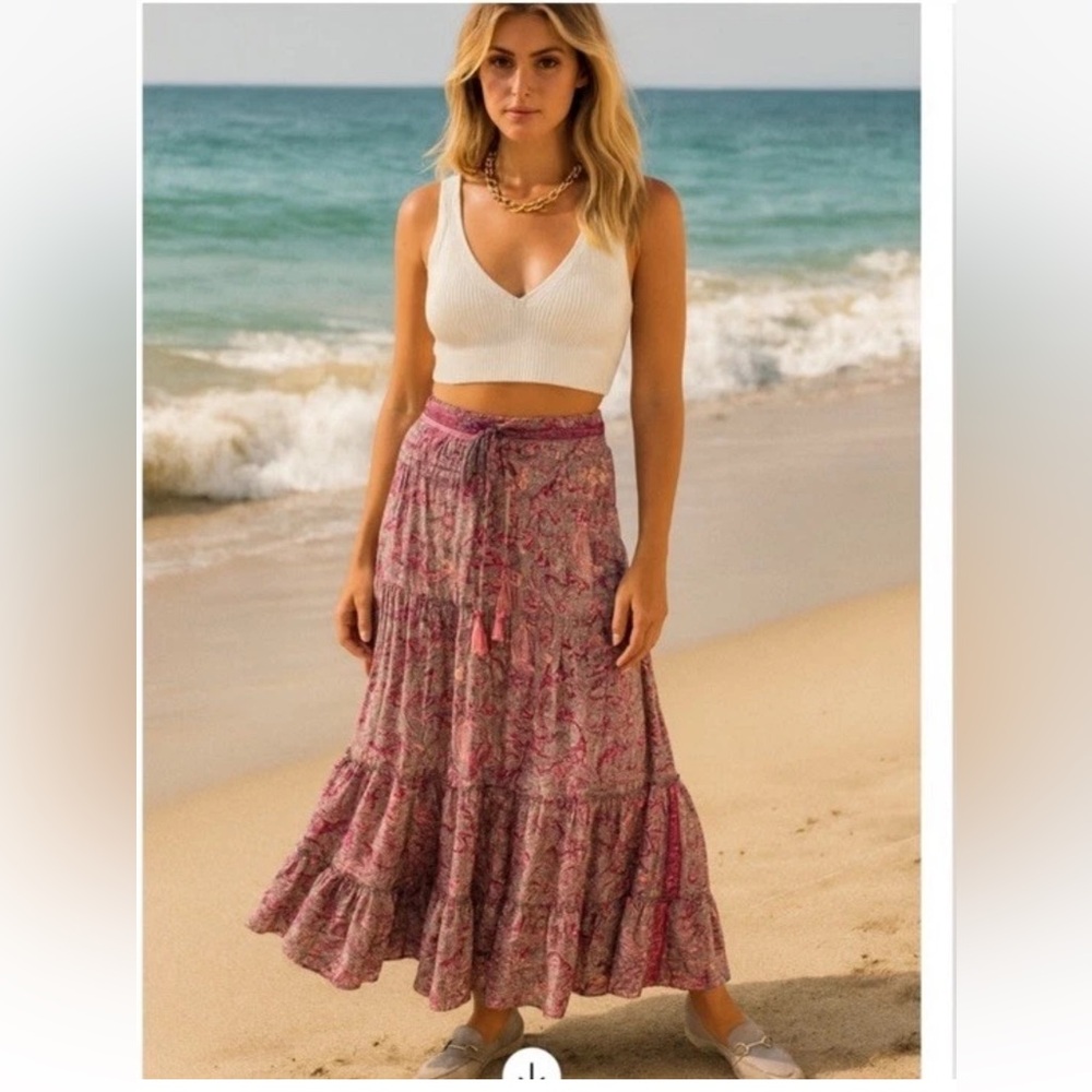Maxi Skirt Boho Floral Tired paisley silk sz S\M Gold&Silver Paris Price Firm!
